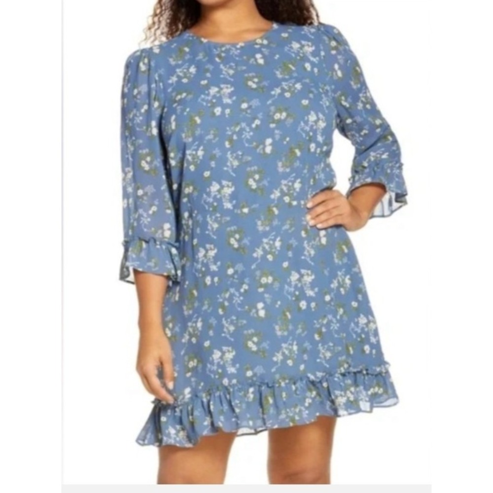 Reformation Dress Size 14‎  Blue Floral Doutzen Avery  3/4 Sleeves Mini
